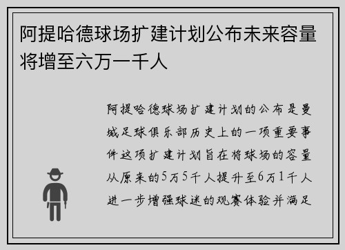 阿提哈德球场扩建计划公布未来容量将增至六万一千人